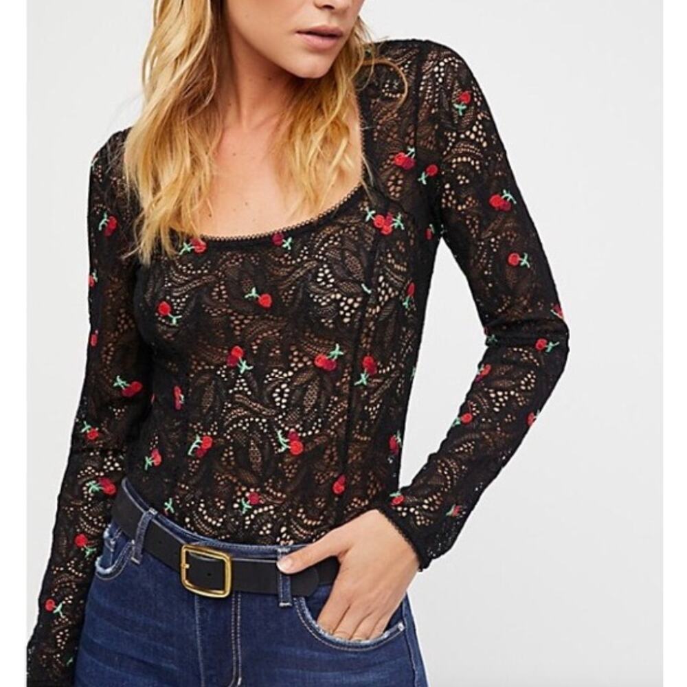 Free People Cherry‎ Embroidered Black lace Top